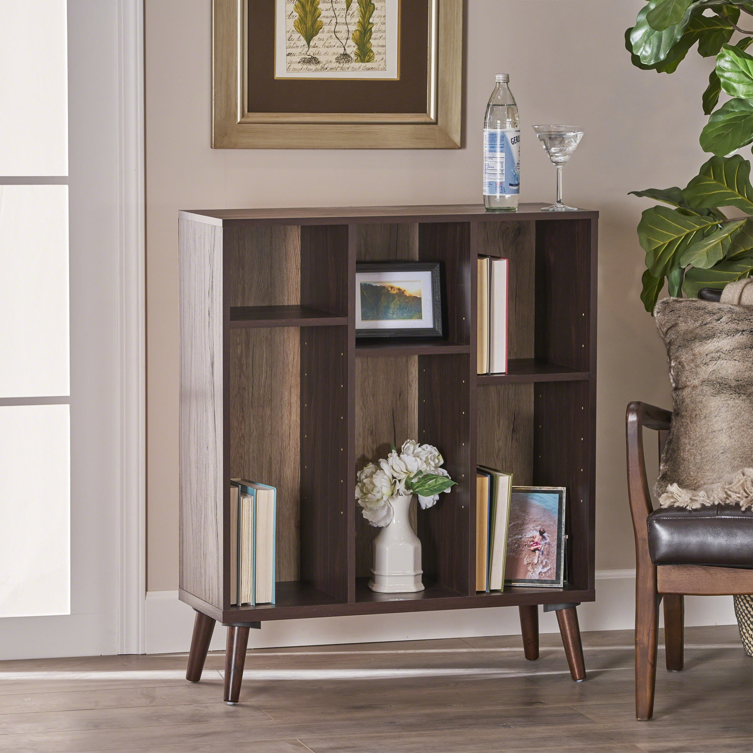 Noble House Kadence Mid Century Faux Wood Bookshelf with Sonoma Oak Backing, Walnut, Sanremo Oak