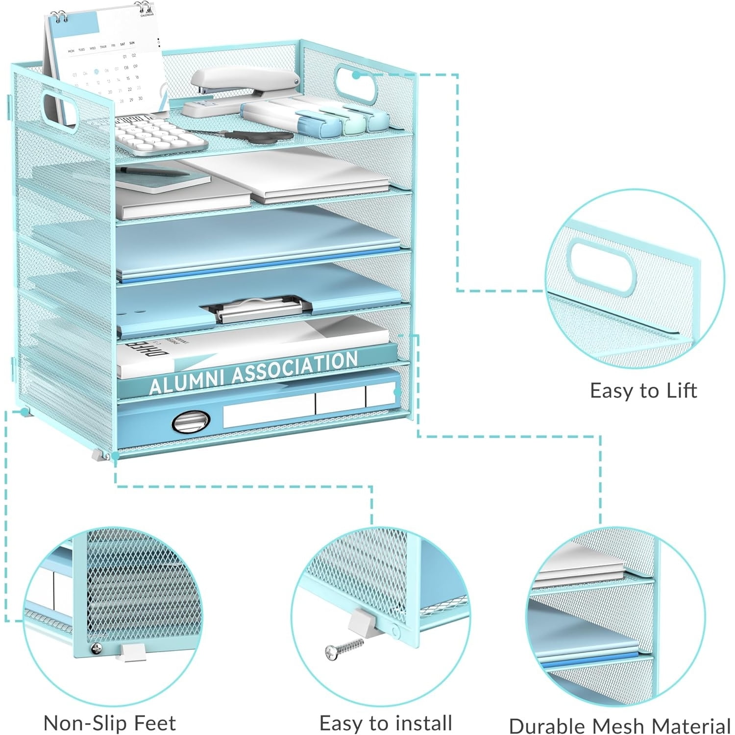 INTIGE 6 Tier Paper Organizer for Desk, Paper Letter Tray Organizer, Metal Mesh Desk File Organizers with Handle for Office/Home