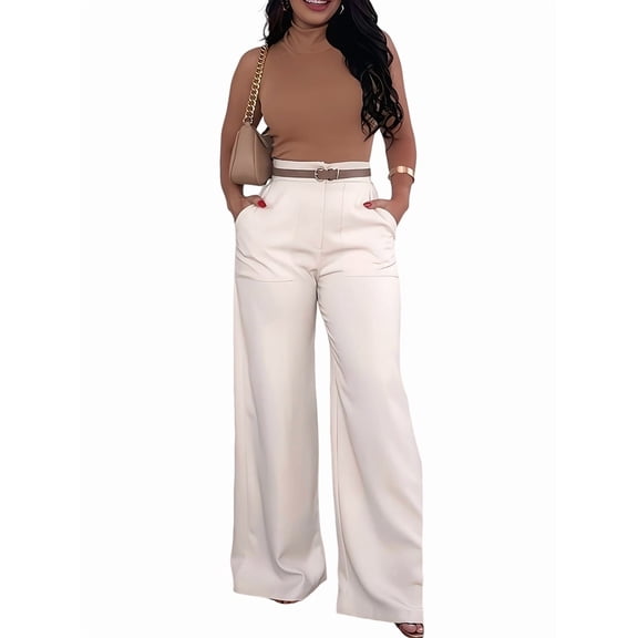 Women Fall Wide Leg Trousers High Elastic Waist Loose Pleated Long Flowy Palazzo Work Pants with Pockets Color S