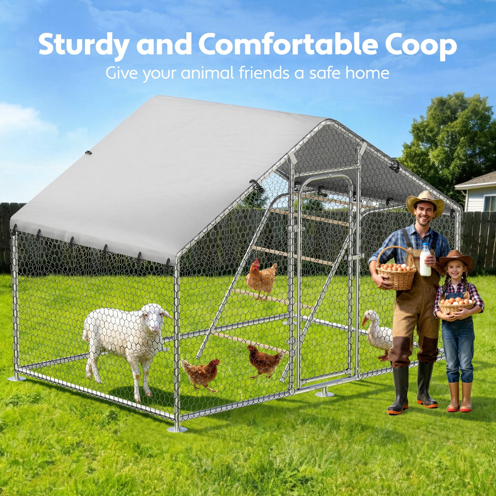 Time Ray Outdoor Chicken Coop with Roosting for 5 Chickens Run Walk-in Metal Poultry Cage for Outdoor Backyard Chicken Run