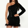 thumbnail image 4 of Njagoc3 Womens One - Shoulder Sequin Mini Dress, Feather Trim, Formal Club & Party Outfit, 4 of 6