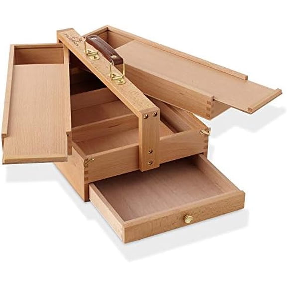 Wooden Multi-Function Artist Tool and Brush Storage Box - Beechwood Art Supply Organizer with Drawers