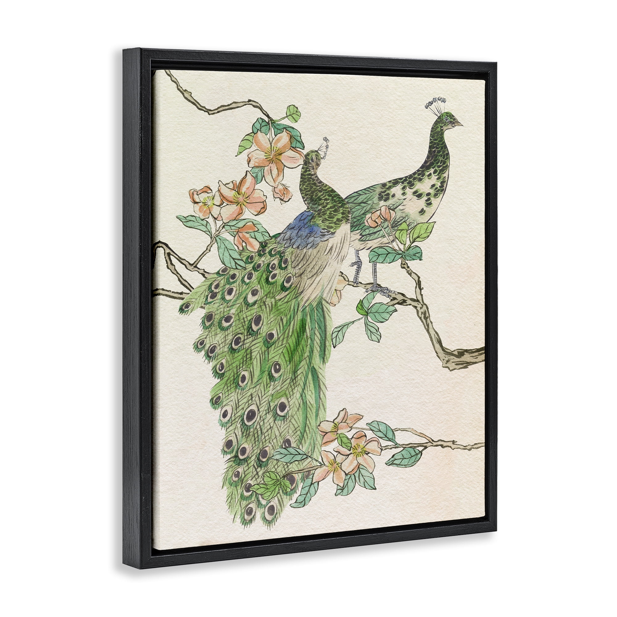 Stupell Industries Peacock Pair on Branch Animals & Insects Painting Black Floater Framed Canvas Art Print Wall Art, 17 x 21