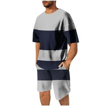 Stamzod Mens Two Piece Summer Outfit Fashion Strip Printed Short Sleeve Tshirts and Stretch Waist Shorts Sets Casaul Plus Size Short Sets for Men Gray XXL