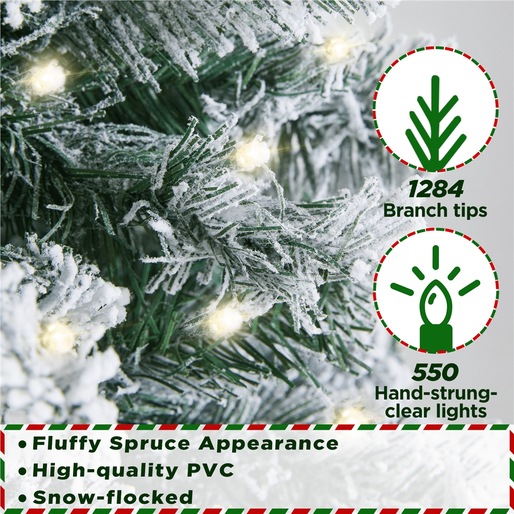 Alden Design 7.5 Ft Pre-Lit Flocked Artificial Christmas Tree with Foldable Stand, Green