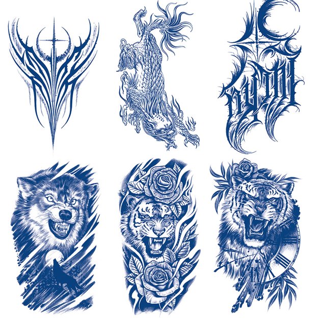 (GZXQB-025-030 E) 6 piezas pegatinas tatuaje semipermanentes jugo pegatinas tatuajes hierbas para hombres y mujeres serie abstracta semipermanente 120*220 mm