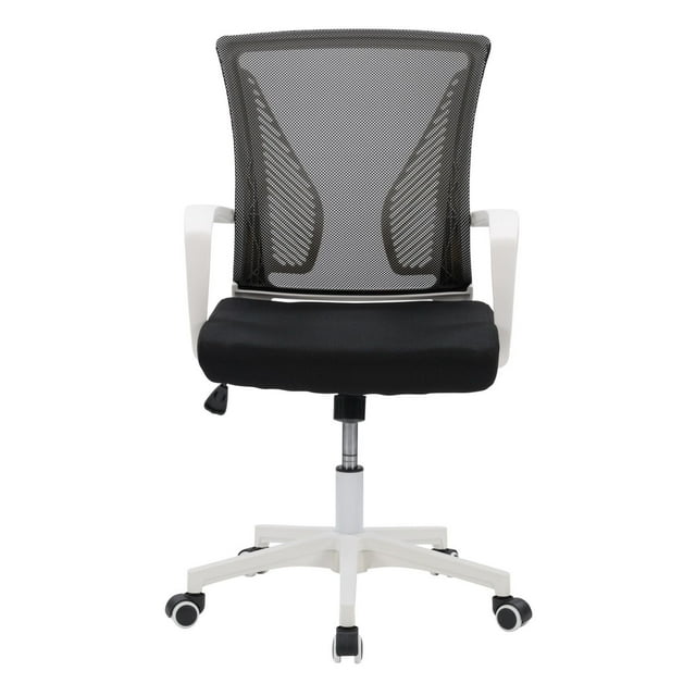 Ergonomic black mesh back office chair with cushioned seat, white frame and armrests on caster wheels.