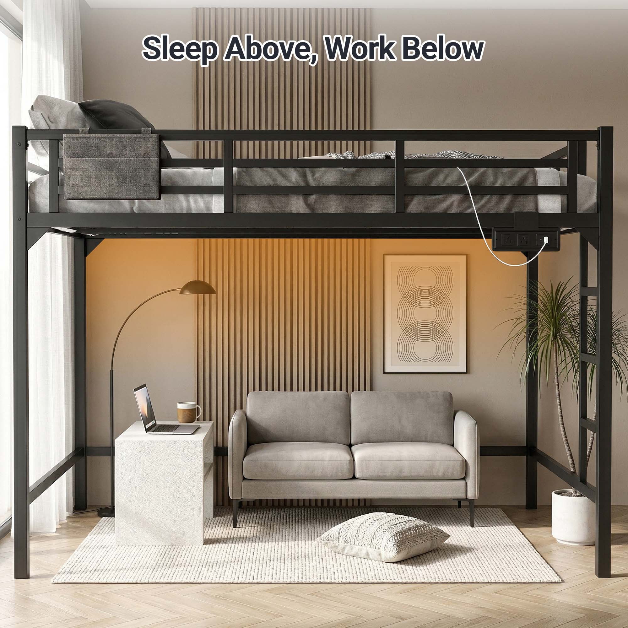 Miniyam Queen Metal Loft Bed with LED and Charging Station for Adults and Apartments, Black