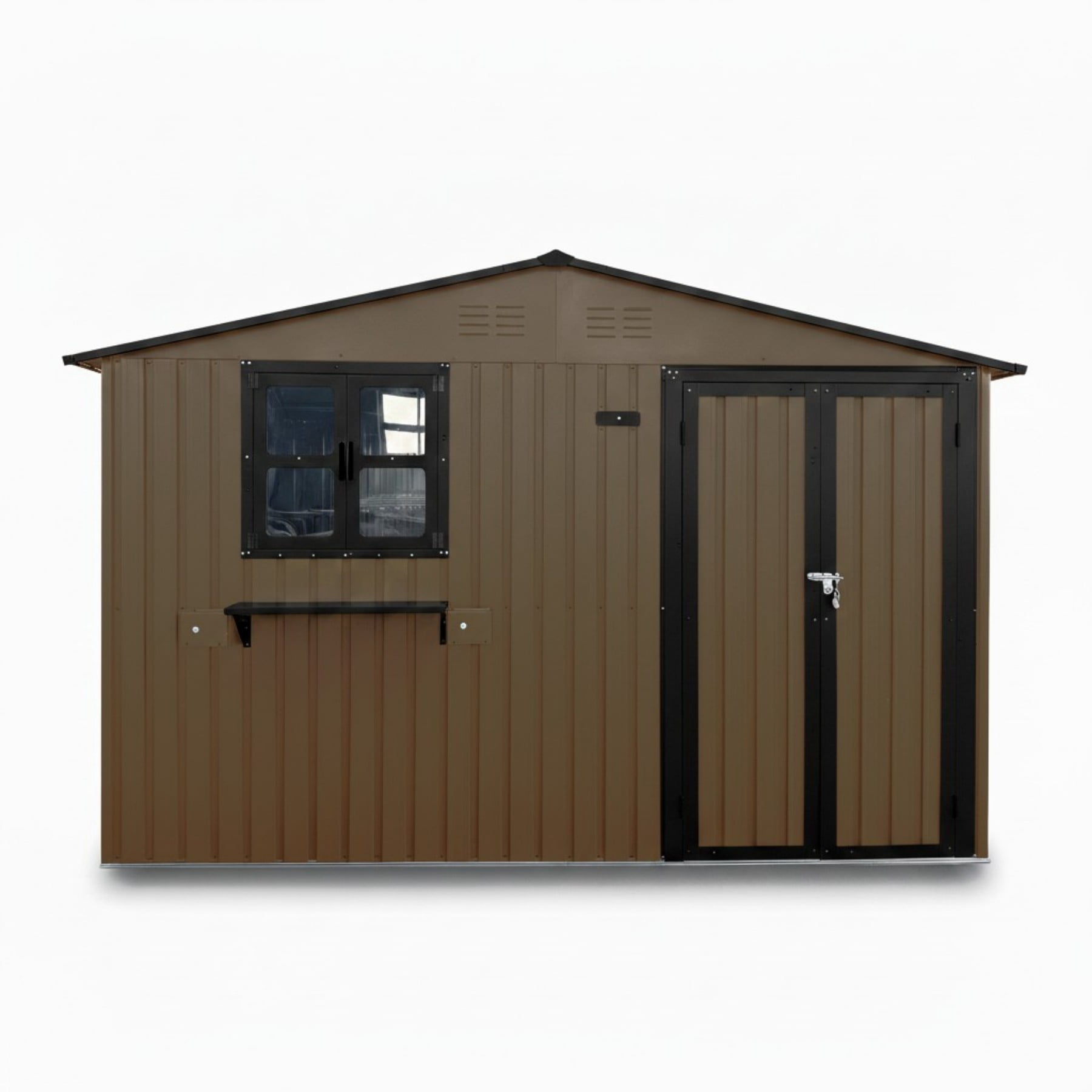 Aukfa 10x8 FT Outdoor Storage Shed with Lockable Doors&Flower Rack, Metal Garden Shed for Bike/Generator/Tool Storage, Brown