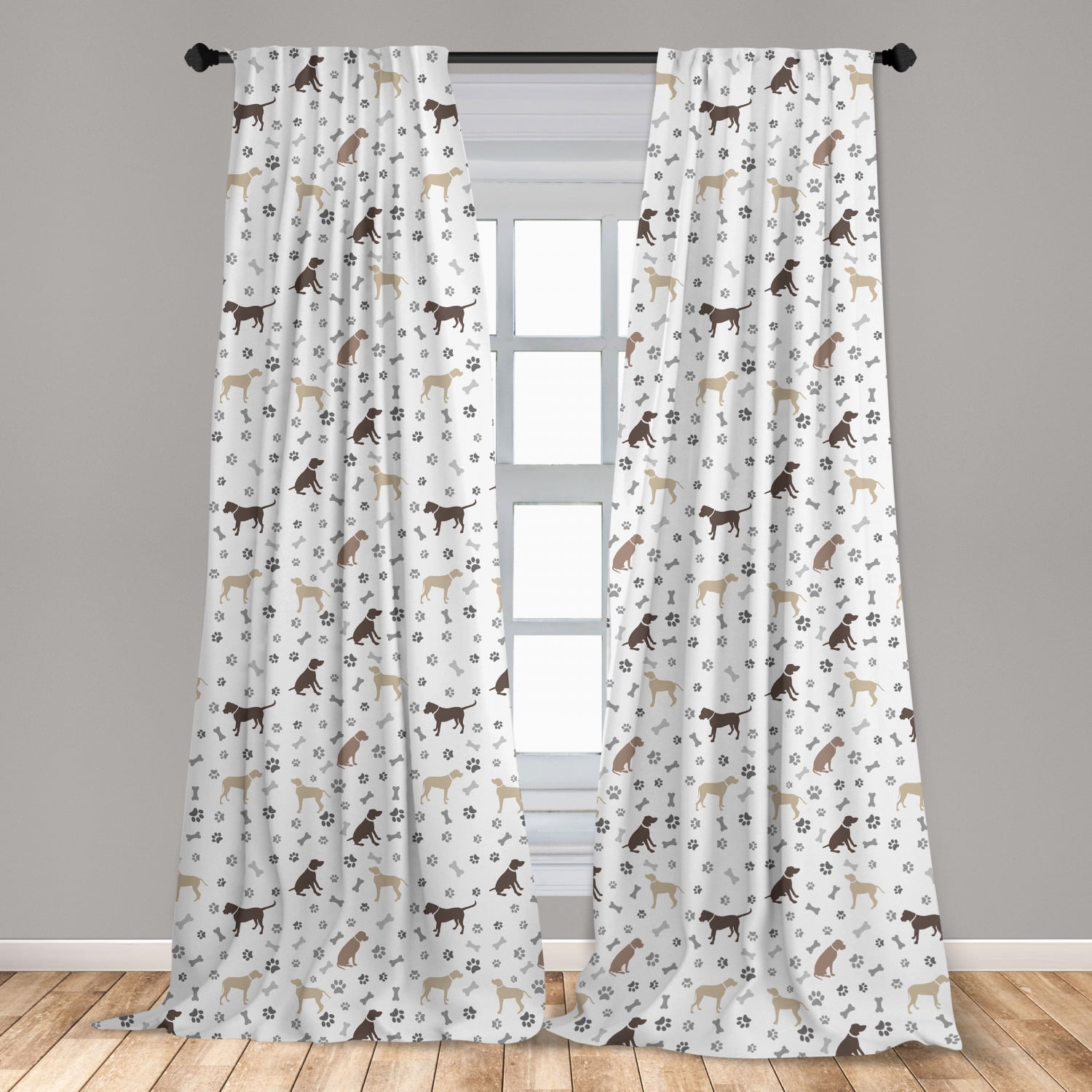 Dog Lover Curtains 2 Panels Set, Paw Print Bones and Dog Silhouettes