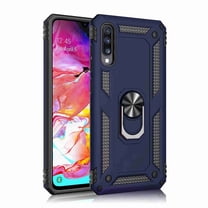 For Samsung Galaxy A50 With Tempered Glass Screen Protector, Rugged Hybrid Armor Anti-Scratch Shockproof Kickstand Cover Compatible Magnetic Car Mount Ring Grip, Blue