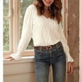 thumbnail image 4 of Camisa de Larga para Mujer, Moda de Otoño, Color Liso, Cuello en V, Camiseta de Larga. S, 4 of 6