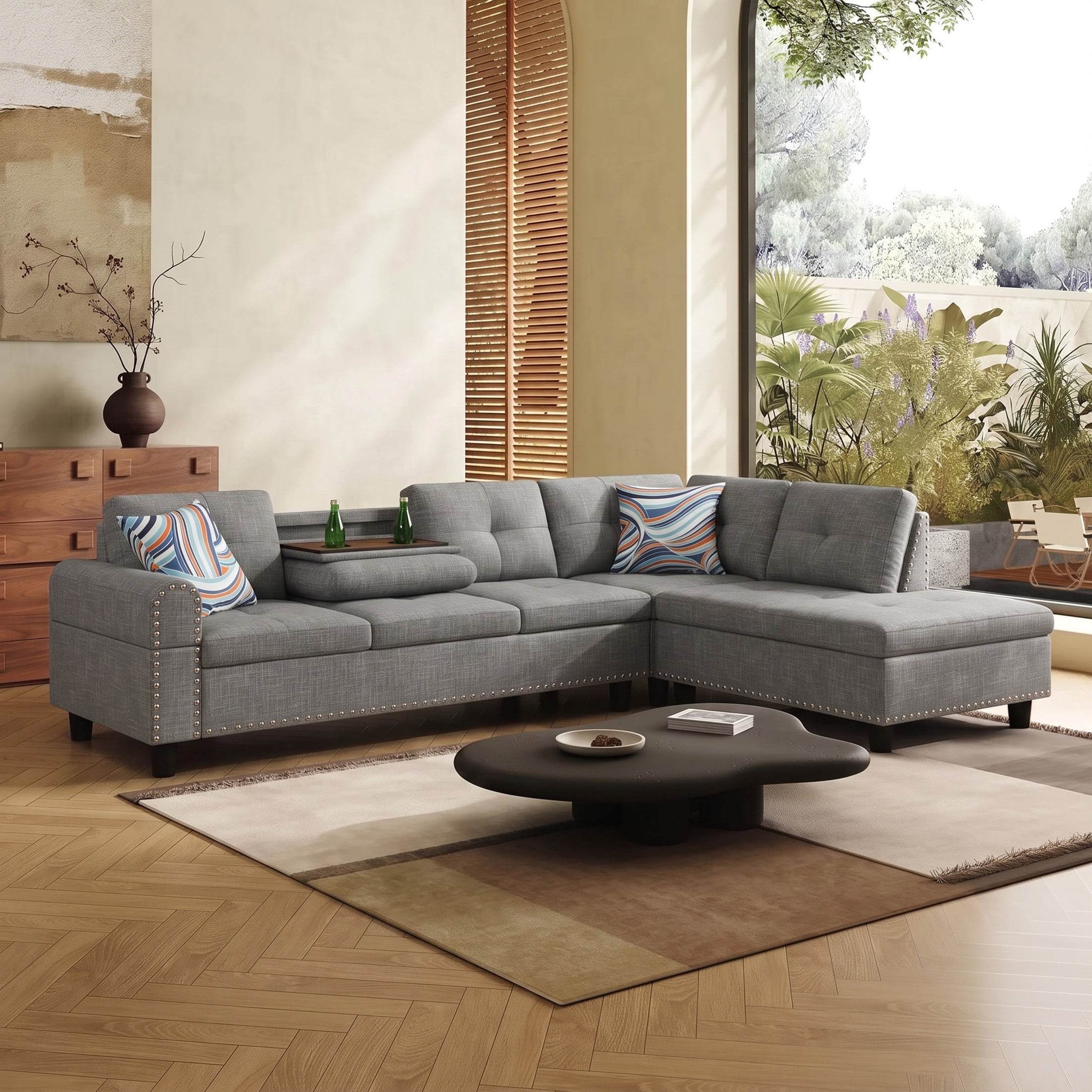 AENKYO 98" L-Shaped Sectional Sofa with Reversible Chaise and Cup Holders, Linen, Gray