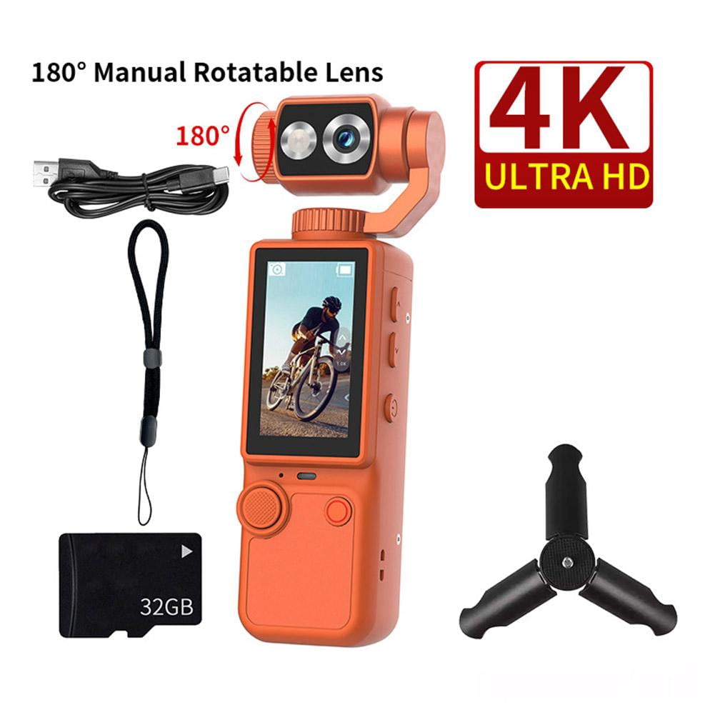 4K HD 180° Rotatable Handheld Camera Mini Video & Audio Pocket Camera Ideal for Outdoor, Bike, Travel, 32GB Included