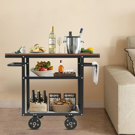 3 Tier Rolling Bar Cart, Trolley Serving Storage Cart, Bar Serving Carts on Wheels, Mobile Serving Cart, Industrial Mobile Serving Cart for Kitchen, Dining Room (Dark Brown)
