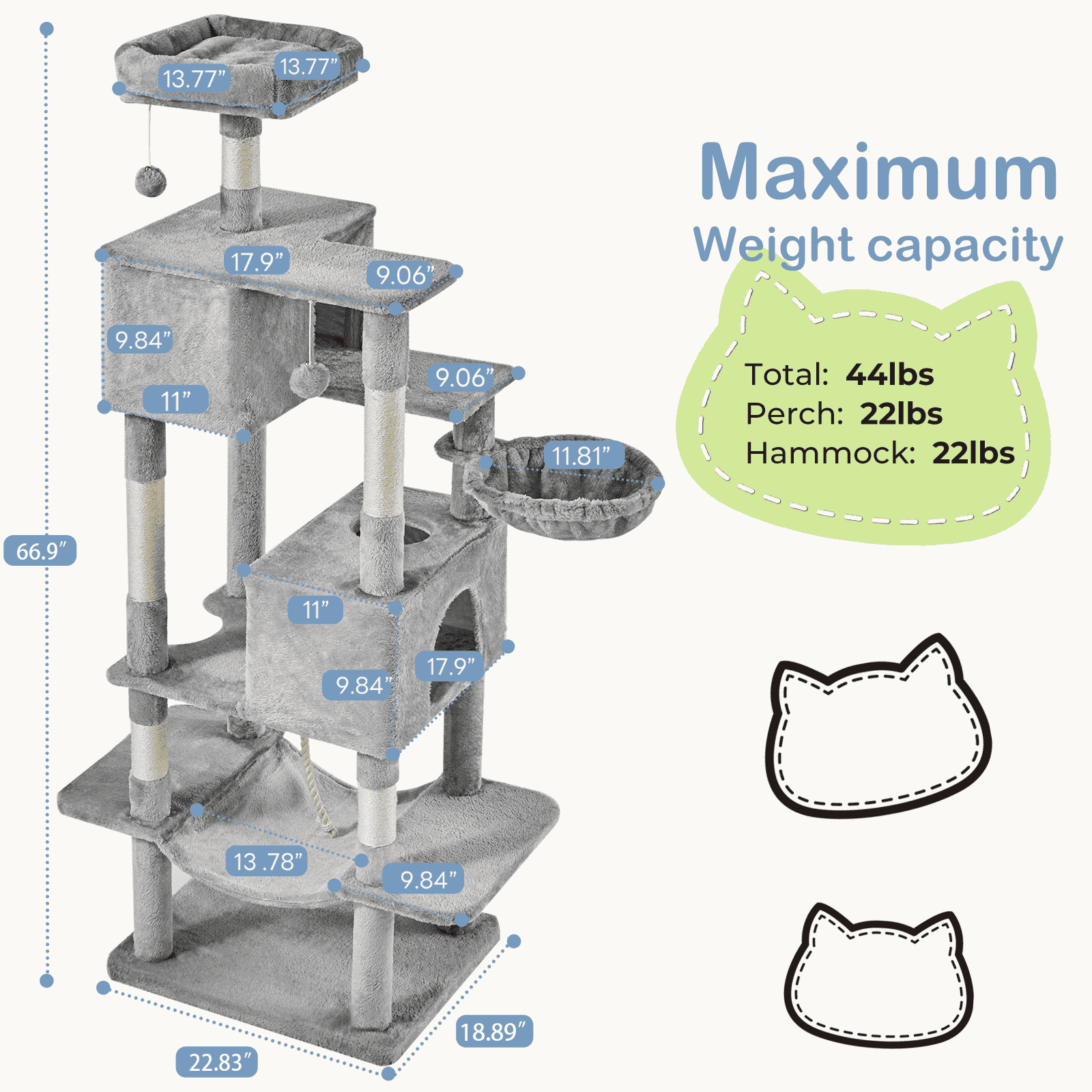 MAYEERTY 66-inch Cat Tree Tower Multi-Cat Climbing Extended Platform Hammock Pet House