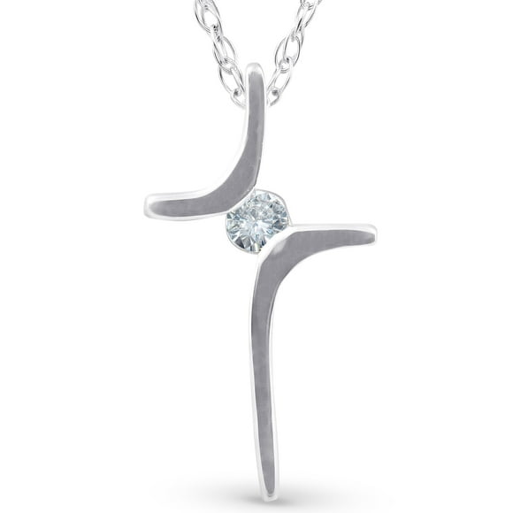 Diamond Cross Pendant Round Solitaire 10K White Gold Necklace