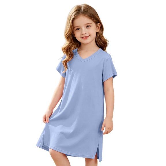 MEZZALL Girls Nightgown Sleep Dress Soft Pajamas Kids Toddler Baby Family Matching Sleepwear V-Neck Solid Color Lovely Dresses