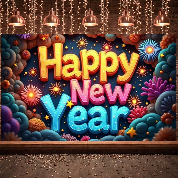 Colorful Happy New Year Banner 3D Letters New Year Display Sparkling Star Decor Holiday Background for New Year Party Family Gathering Office Party