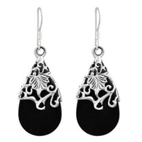 Floral Vine Ornate Teardrop Black Onyx .925 Silver Earrings