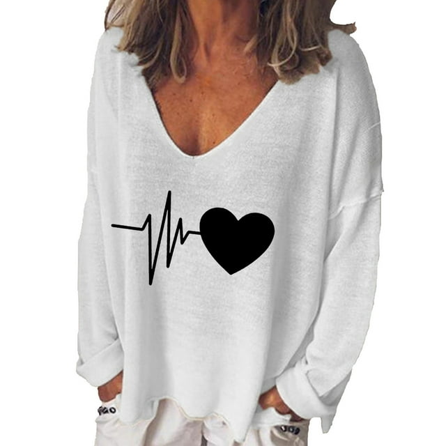 Mode Femme Décontractée Imprimé Col en V T-shirt Manches Longues Ample Blouse Pull