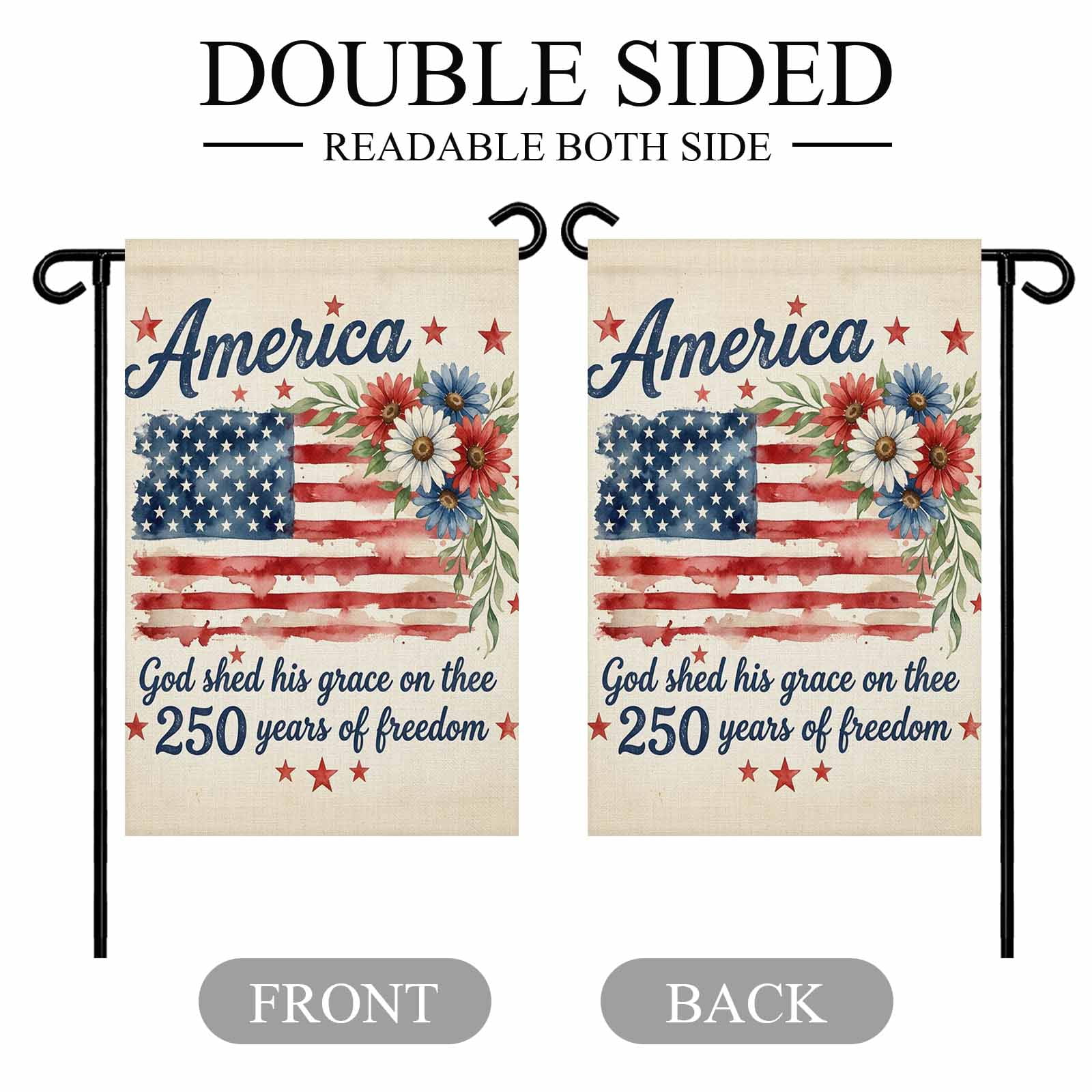 4th of July Garden Flags 250 Years of Freedom Garden Flag Double Sided Welcome Flag American Flag Daisy Independence Day Yard Flags for Outdoor Lawn Porch Memorial Day Holiday Decor 28x40 Inch