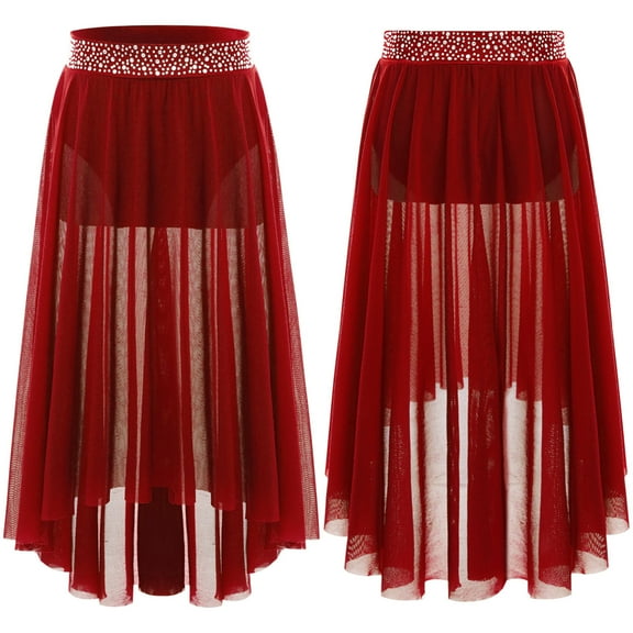 YUUMIN Kids Girls Shiny Rhinestone Split High Low Mesh Skirts Lyrical Contemporary Modern Ballet Dance Skirts Burgundy 8