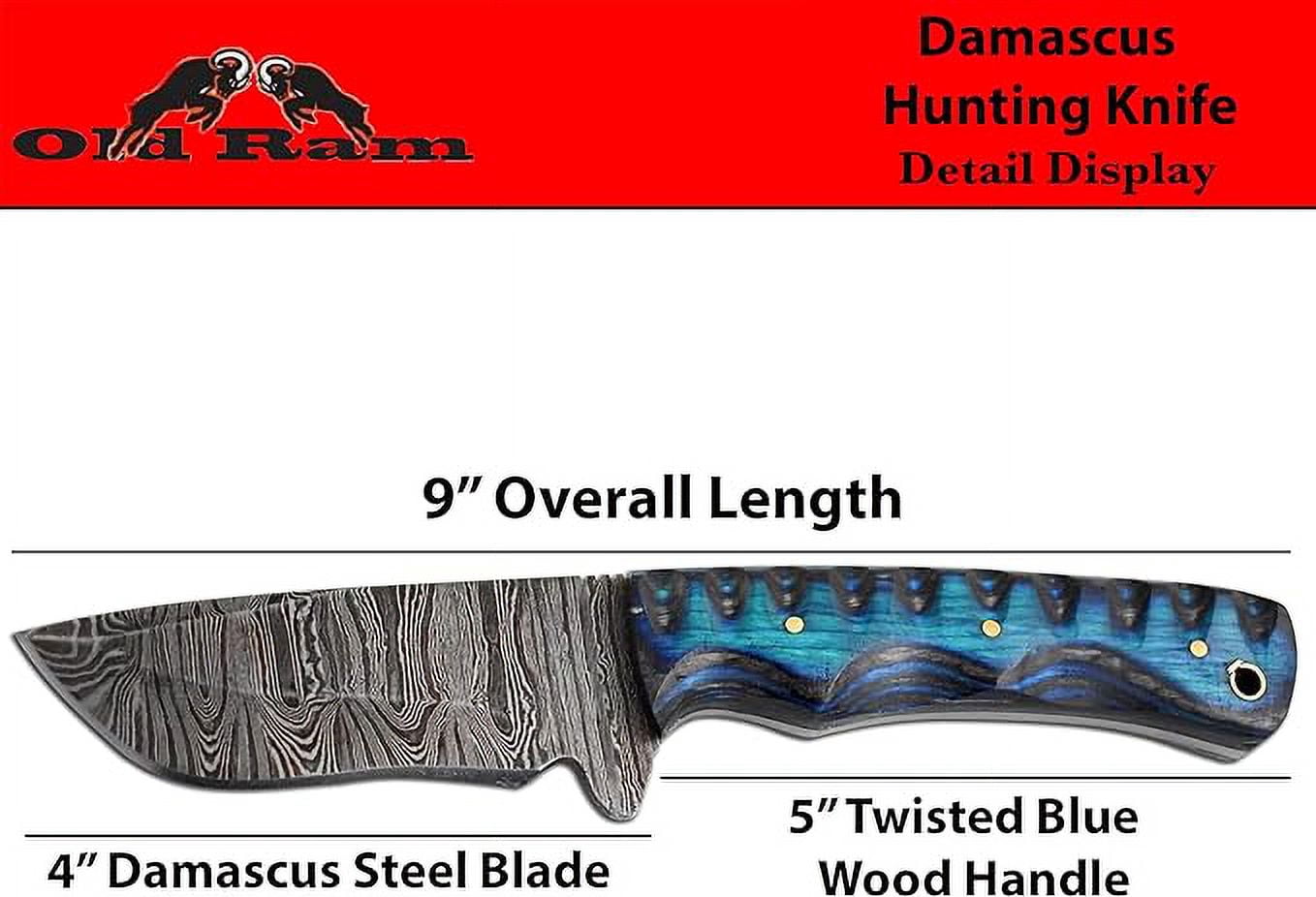 Old Ram Damascus Skinner Knife with Leather Sheath - 9" Twisted Blue Wood Hunting Knife