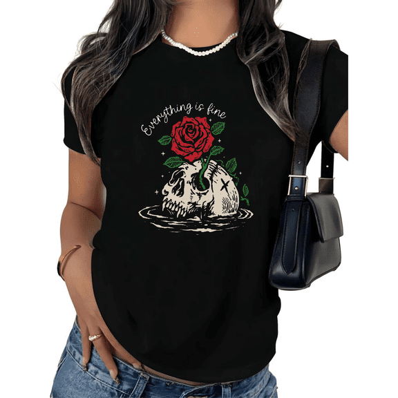 UNISHE Women's Everything Is Fine Skeleton Rose Graphic Short Sleeve T-Shirt Dark Humor Gothic Cotton Crewneck Top