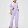 thumbnail image 7 of ClodeEU Women's Waffle Knit Long Sleeve Crewneck Top and Pants Set with Pockets ,Solid Color Casual Loose Fit Two-Piece Lounge Outfit Purple,Womens Plus M, 7 of 7