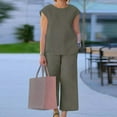 thumbnail image 2 of Women’s Casual Linen 2 Piece Outfits Cap Sleeve Crewneck Blouse with Loose Wide Leg Cropped Pants Sets With Pockets, 2 of 7