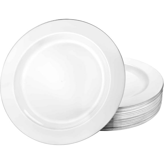 EcoQuality 6.25 inch Round White Salad Plate with Silver Edge - Elegant Small Dinner Plate for Appetizers Desserts & Side Dishes - Durable & Reusable Tableware for Weddings Parties & Catering (10)