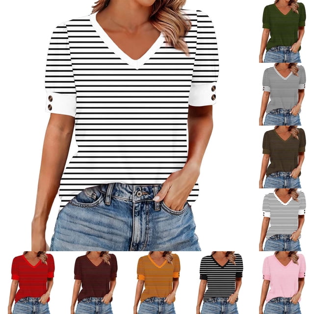 Ashirexll Summer Tops for Women, Fashion Spring Summer Printed Short Sleeve V-Neck T Shirts