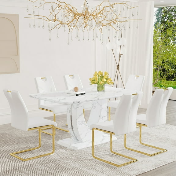 JUFU 63" Dining Table Set for 6, Faux Marble Table, 6 White PU Chairs, Gold Cantilever Legs