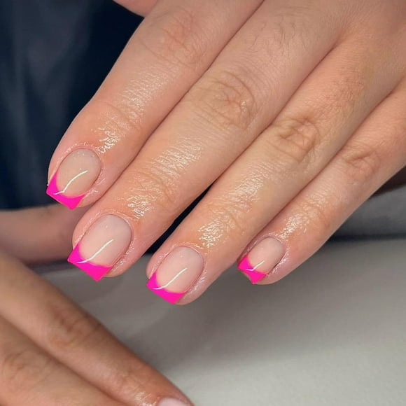 TRAHOO-30 PCS Hot Pink French Tip Press On Nails Short Square Fake Nails French Nails Press ons Square Acrylic Nails Glue on Nails Natural Short Square Nails False Nails for Women in 15 Sizes