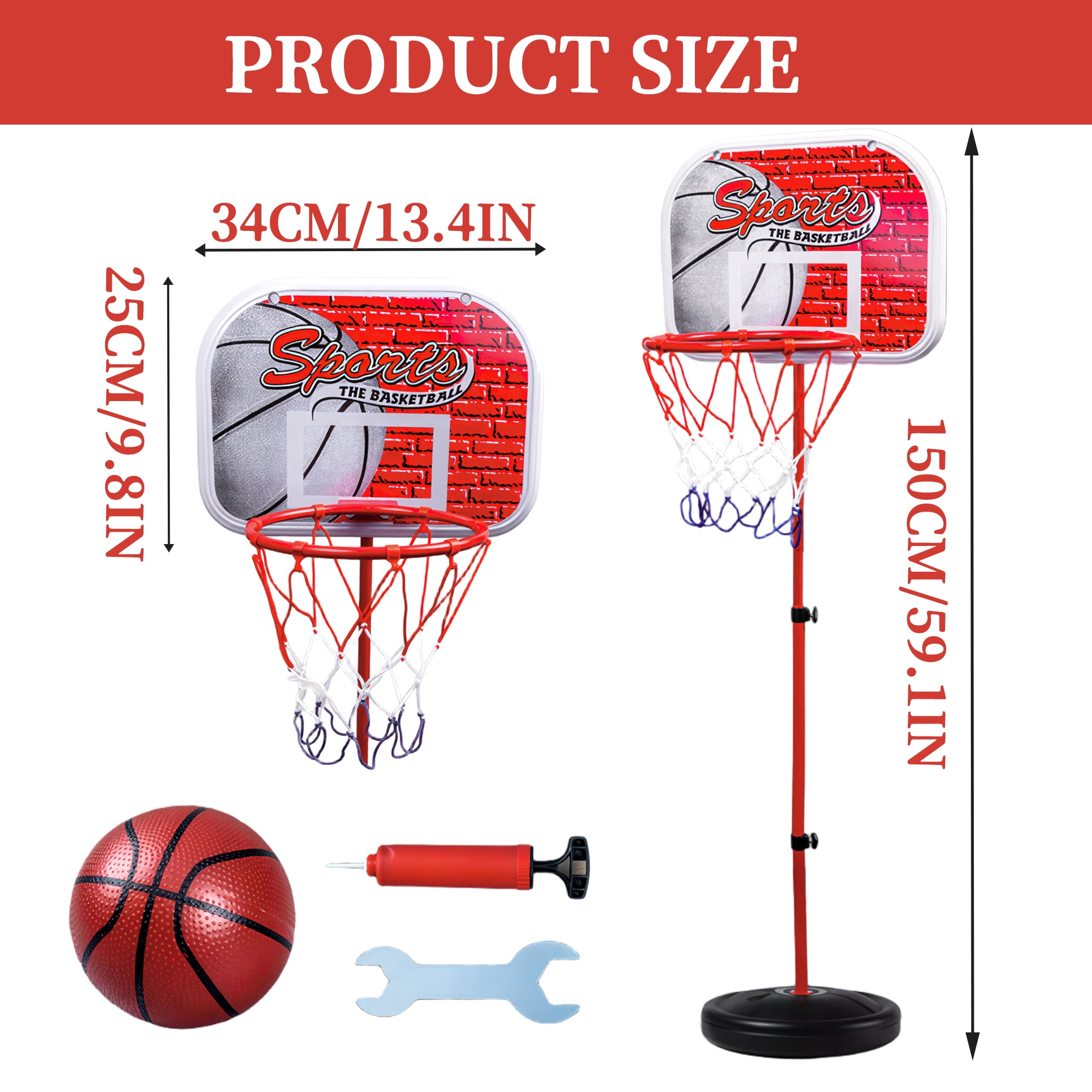 Adjustable Basketball Hoop Set, Up to 5FT Height, 13.4" Compact Backboard, Portable with Basketball, Ball Pump & Assembly Wrench for Indoor Outdoor