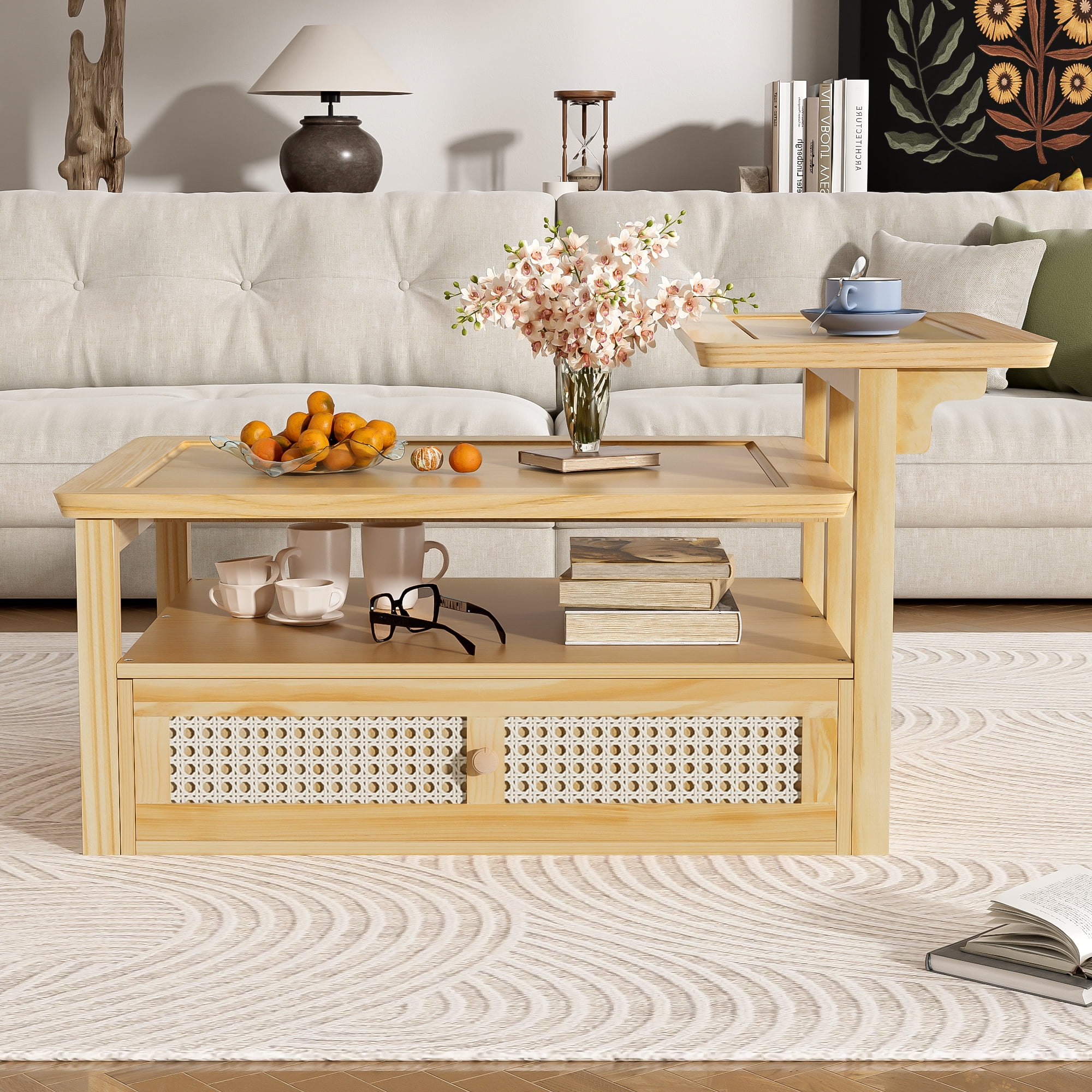 Euroco Multifunctional Coffee Table Set with Nested Design, Rattan Drawer, Pine Wood Legs – Stylish Storage and Dual Tabletops for Living Room