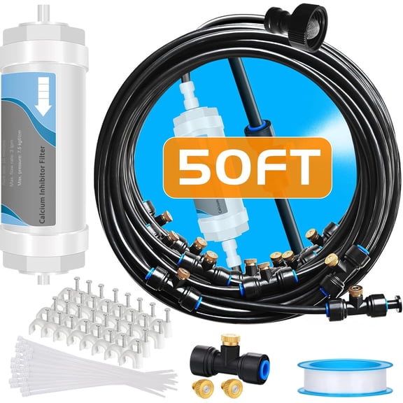 Misting System with Water Filter - Upgraded 50 Ft (15.3M) Line & 12 Brass Mist Nozzles Outdoor Misters for Patio Cooling Mister Systems Kit Outside Garden Backyard Greenhouse (Black)