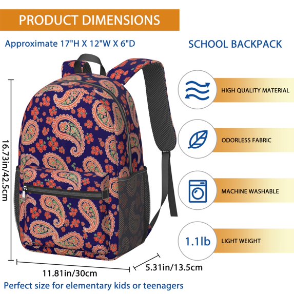 Paisley and Floral Blue Pattern 17" Waterproof Oxford School Backpacks for Teens, S-Shape Padded Straps, for School, Travel, Hiking, Camping