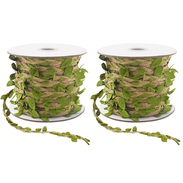 2X Cordel de Yute Natural Cordel de Arpillera de 5 mm con Hojas Artificiales Cordel de Yute para Envolver Regalos de Bricolaje Jardín de Bodas (32.8FT)
