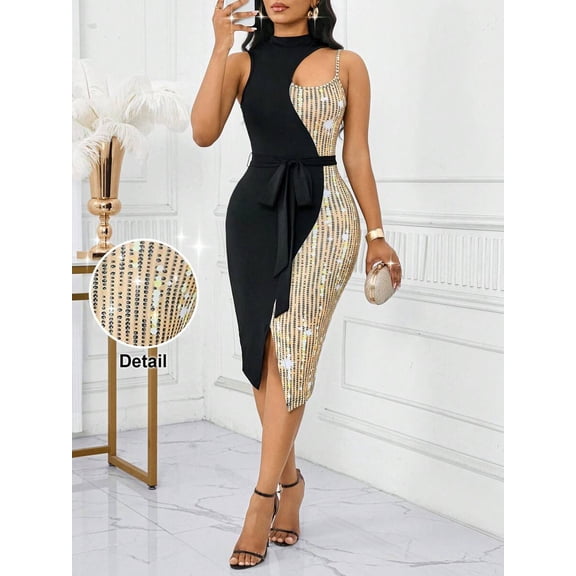 Multicolor Womens Elegant Color Block Sequin Hollow Slit Midi Dress