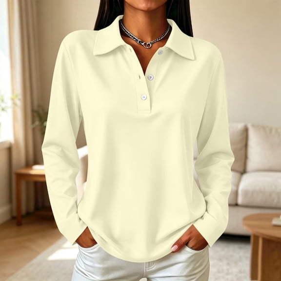 Polo Shirts for Women Long Sleeve Collared Golf Shirts Fall Fashion 3 Button Lapel Breathable Work Blouses 2XL