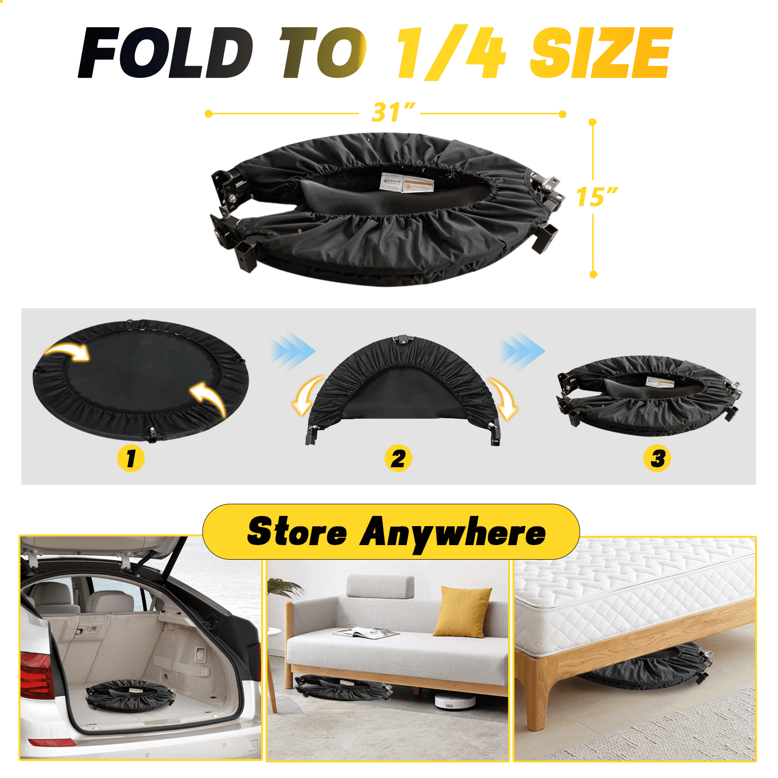 Leumius 40" Foldable Trampoline,Fitness Rebounder with Adjustable Foam Handle,Mini Fitness Trampoline for Adults,Indoor Outdoor Exercise Trampoline for Home Gym Workout Equipment,Black