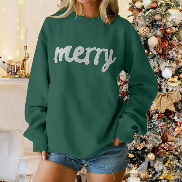 Chandails d'Hiver Grande Taille pour Femmes Chandail à Capuche Décontracté Imprimé de Noël Col Rond Manches Longues Vert TG