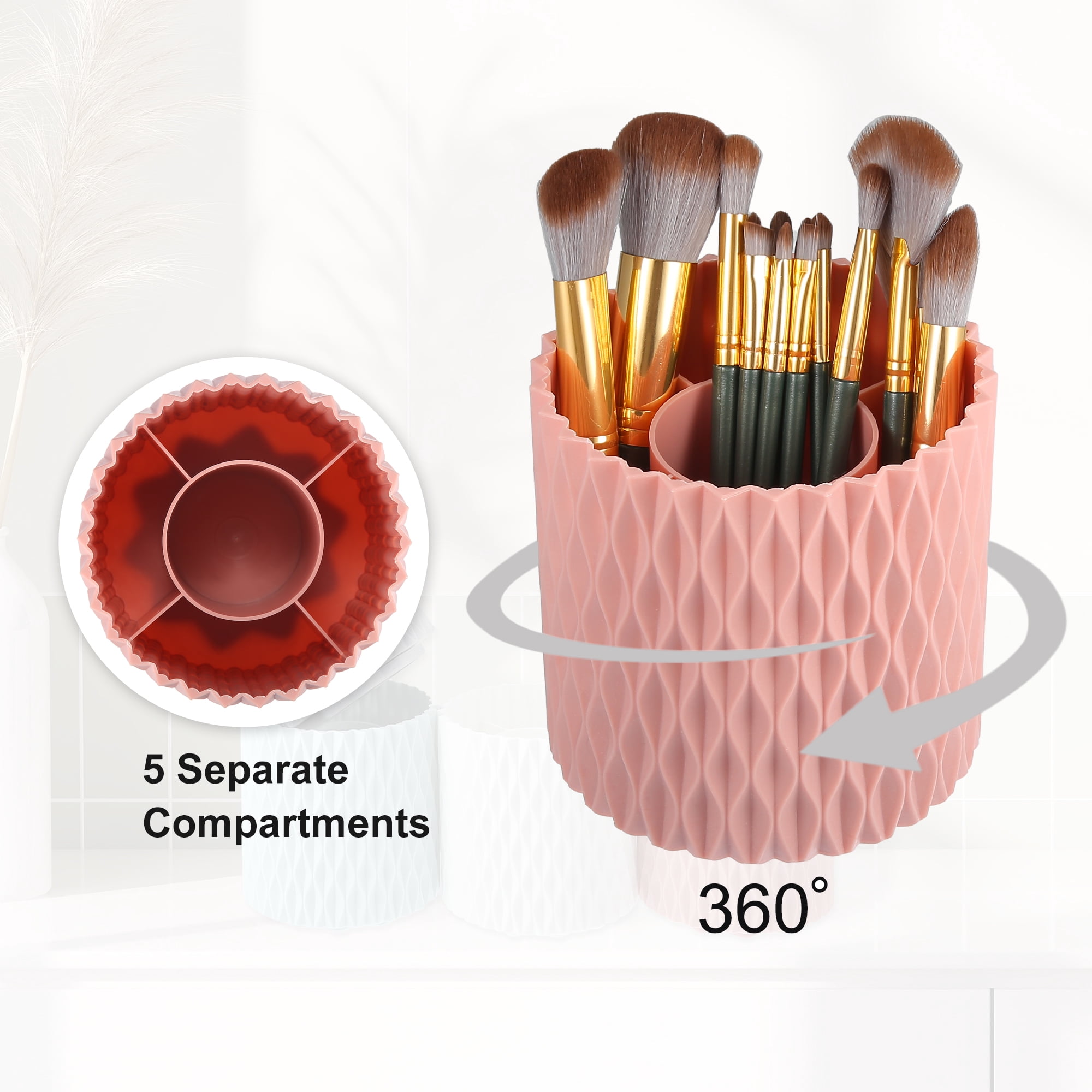 Unique Bargains Makeup Brush Holder Organize 360° Rotating Makeup Organizer for Vanity pink