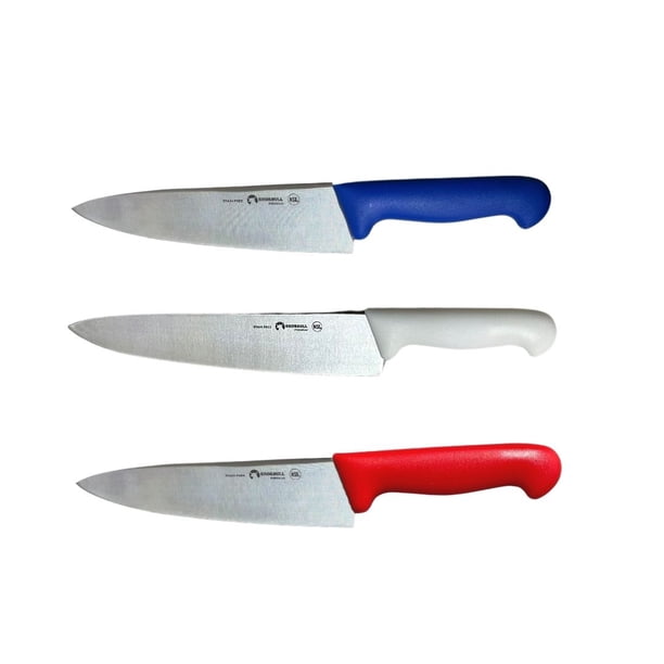 Kit de 3 cuchillos para Chef 12 inch Hoja Acero Inoxidable Mango Ergonómico Color Azul, rojo y blanco Shorbull