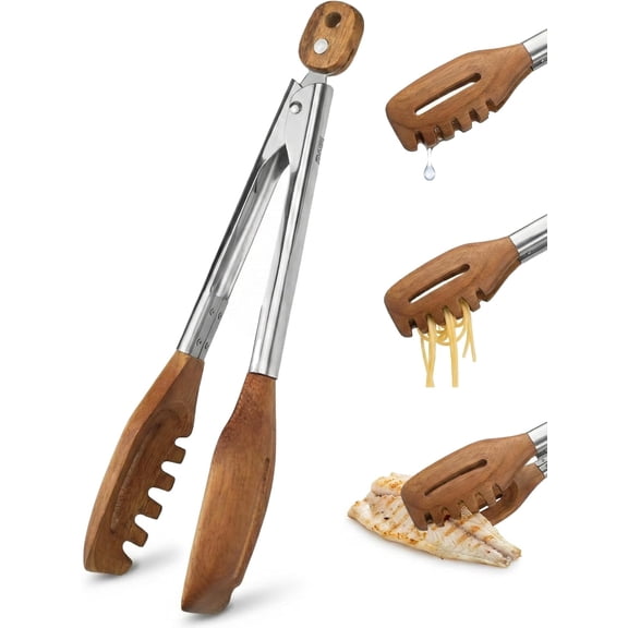 3-in-1 Kitchen Tongs & Pasta Server 12 Inch Walnut Multifunction Tongs with Slotted Forked & Flat Tips for Pasta, Salad, Cooking and More Elegant, Heat-Resistant Food Tongs for Home Cooks & Chefs