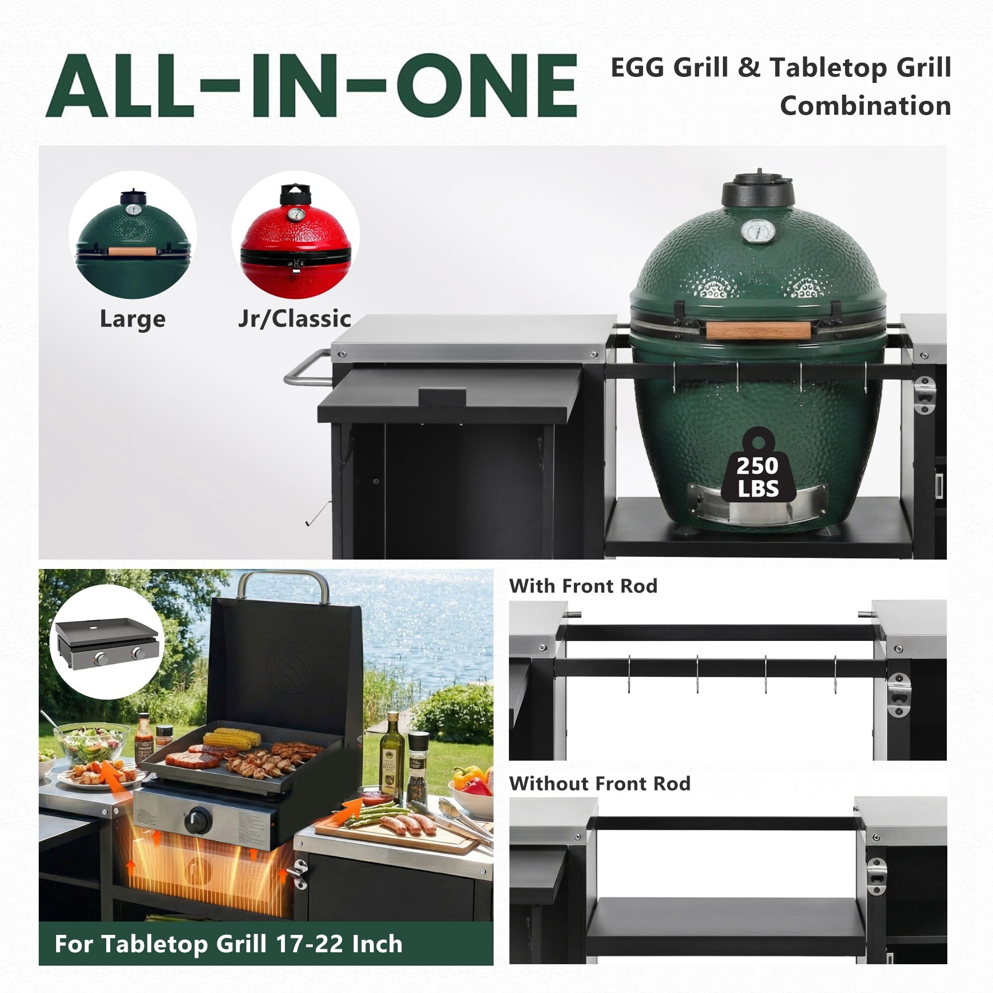 AENKYO 72" Outdoor Grill Cart for Big Green Egg, Metal BBQ Kitchen Island w/ Fold-out Prep Table & Stainless Top