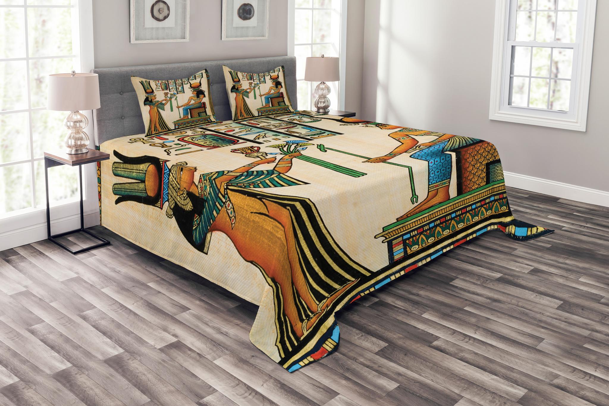 Egyptian Bedspread Set Queen Size, Old Egyptian Papyrus Depicting Queen