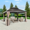 thumbnail image 3 of Ulax Furniture 10Ft x 12Ft Patio Hardtop Gazebo Outdoor Aluminum Pergola with Galvanized Steel Double Roof Canopy, Polyester Curtain and Mosquito Net, 10, Brown, 3 of 10